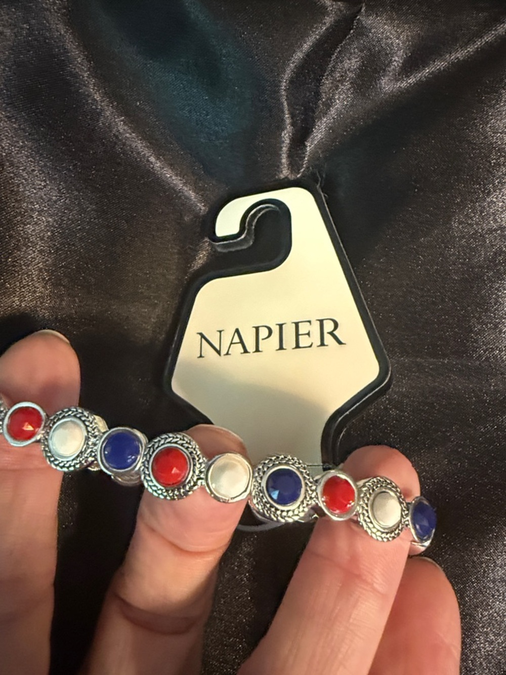 Bracelet Napier Silver-Tone Link with Red and Blue Cabochons